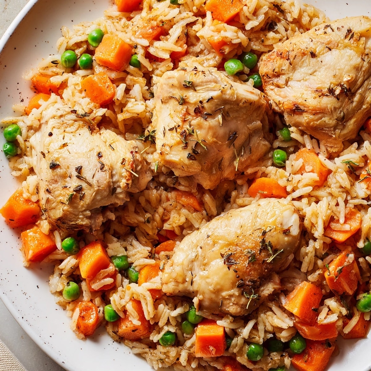 Savory One-Pot Chicken and Rice recipe: golden chicken thighs nestled in fluffy rice with peas.
