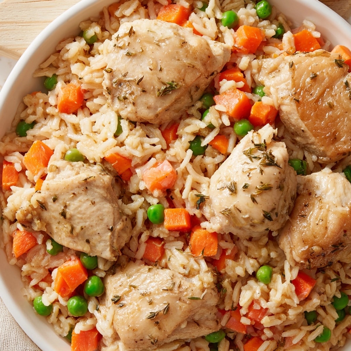 A flavorful close-up of One-Pot Chicken and Rice, seasoned with thyme and paprika.