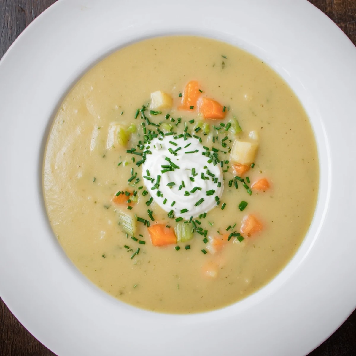 Close-up of the Ultimate Potato Soup; thick, and rich with visible chunks of potato, perfect for a cold day.
