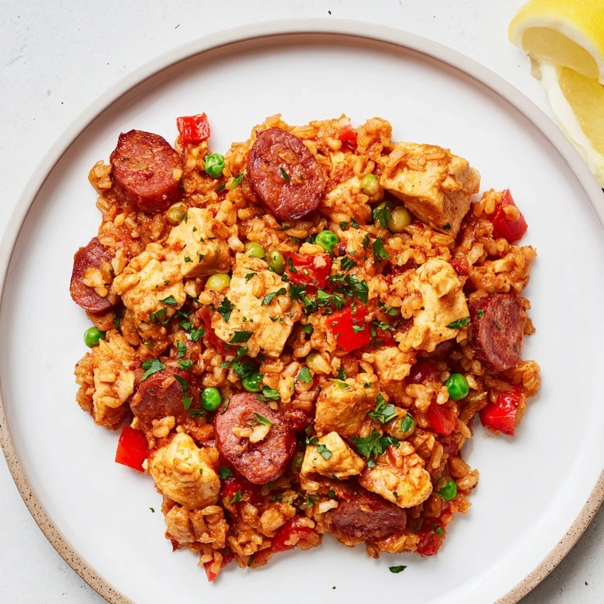 Golden, savory Chicken and Chorizo Rice Skillet, featuring perfectly cooked rice and colorful vegetables.