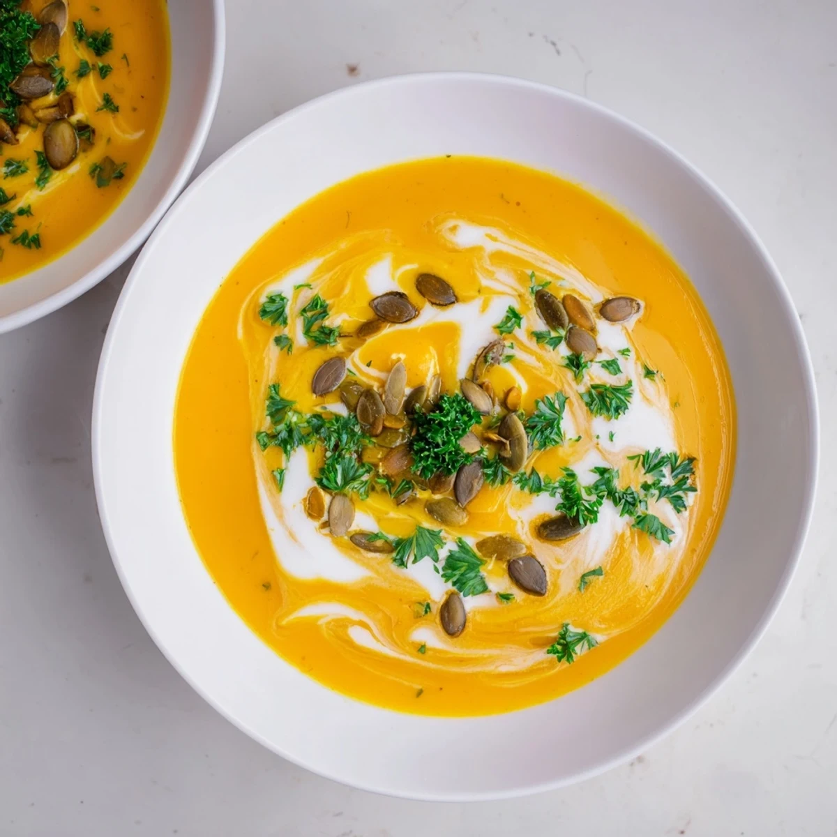 Creamy, vibrant butternut squash soup, garnished with fresh herbs, offering a taste of autumn warmth.