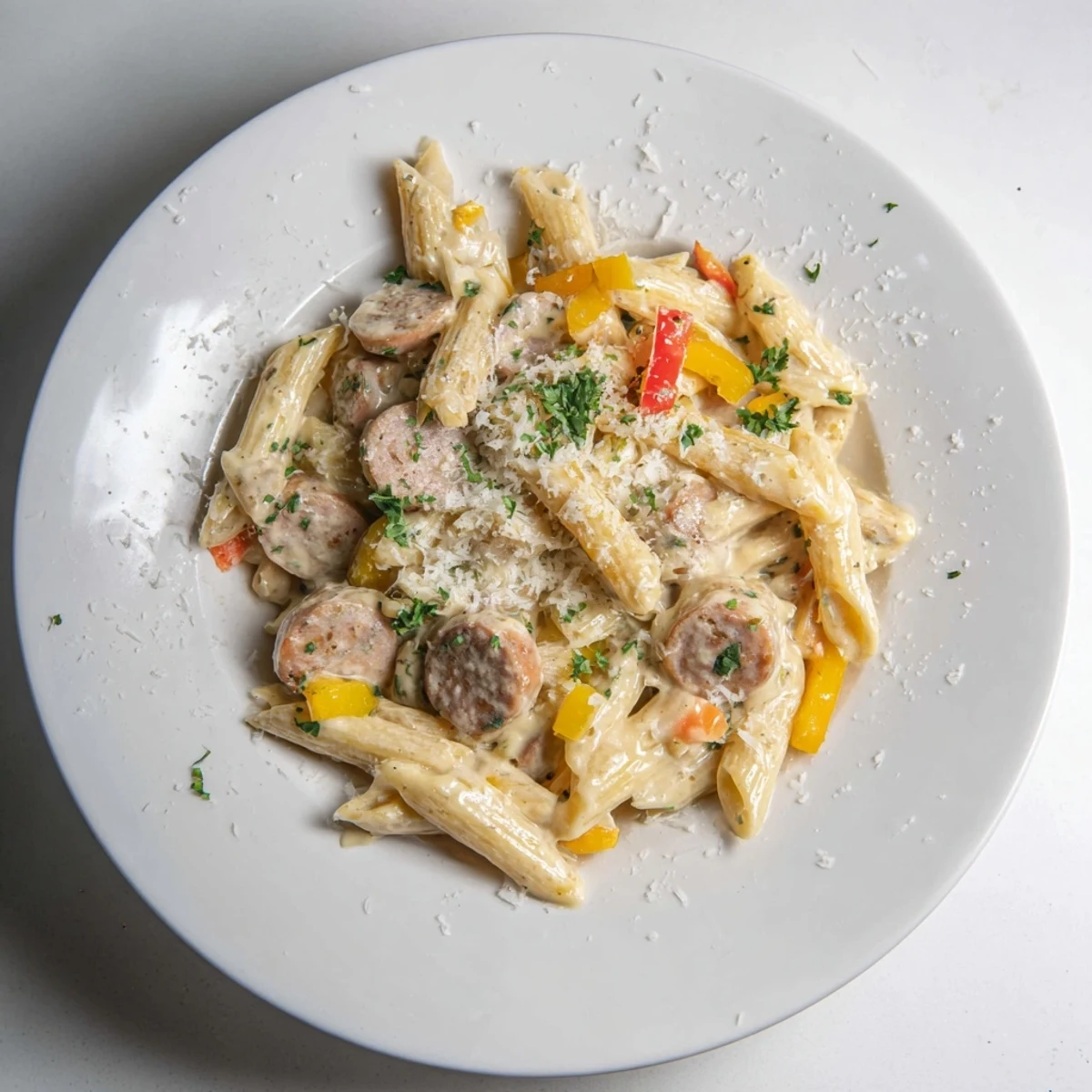 Creamy Smoked Sausage Cajun Alfredo with penne, tossed and ready to eat, garnished with parsley.