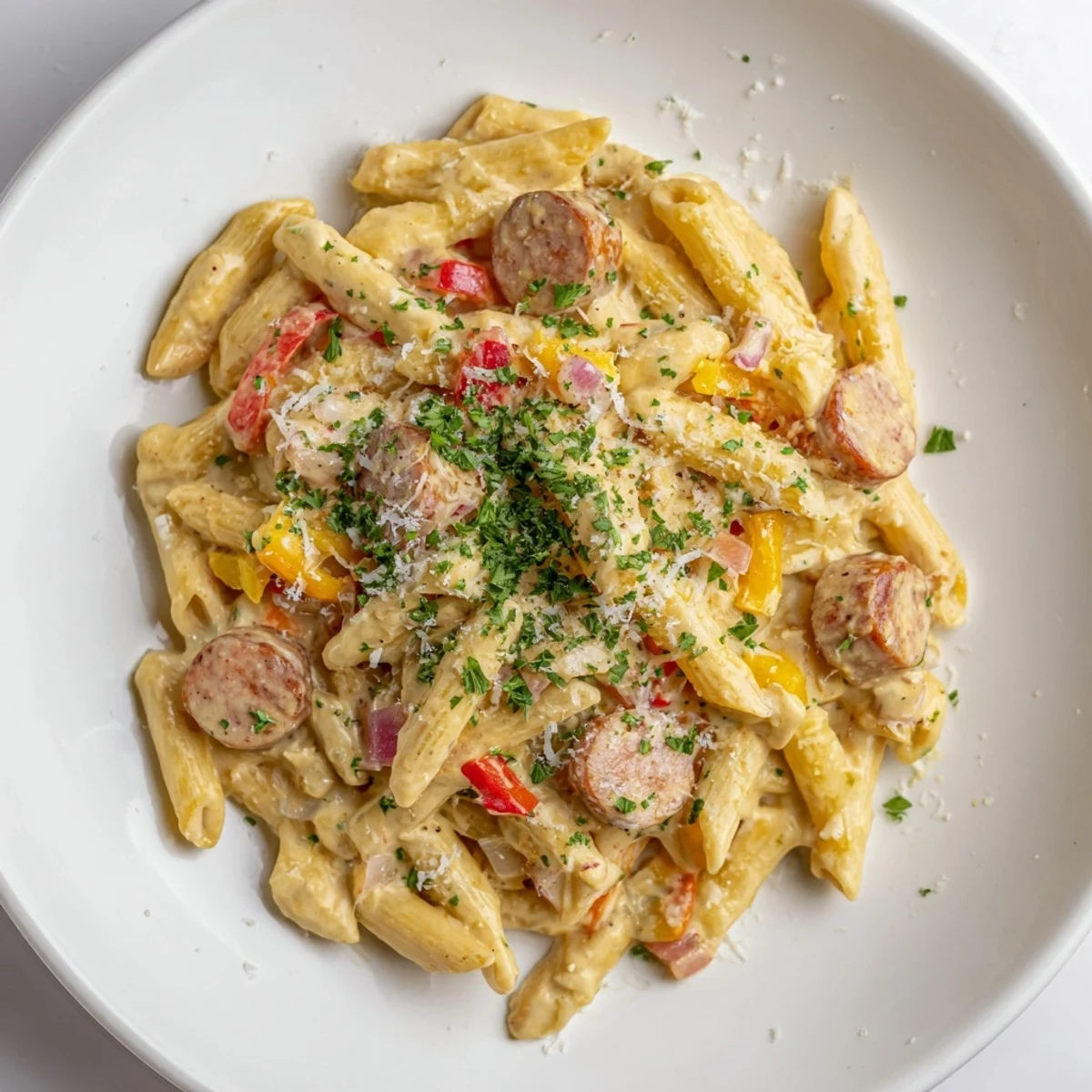 Close-up of a bowl filled with flavorful Smoked Sausage Cajun Alfredo with penne.