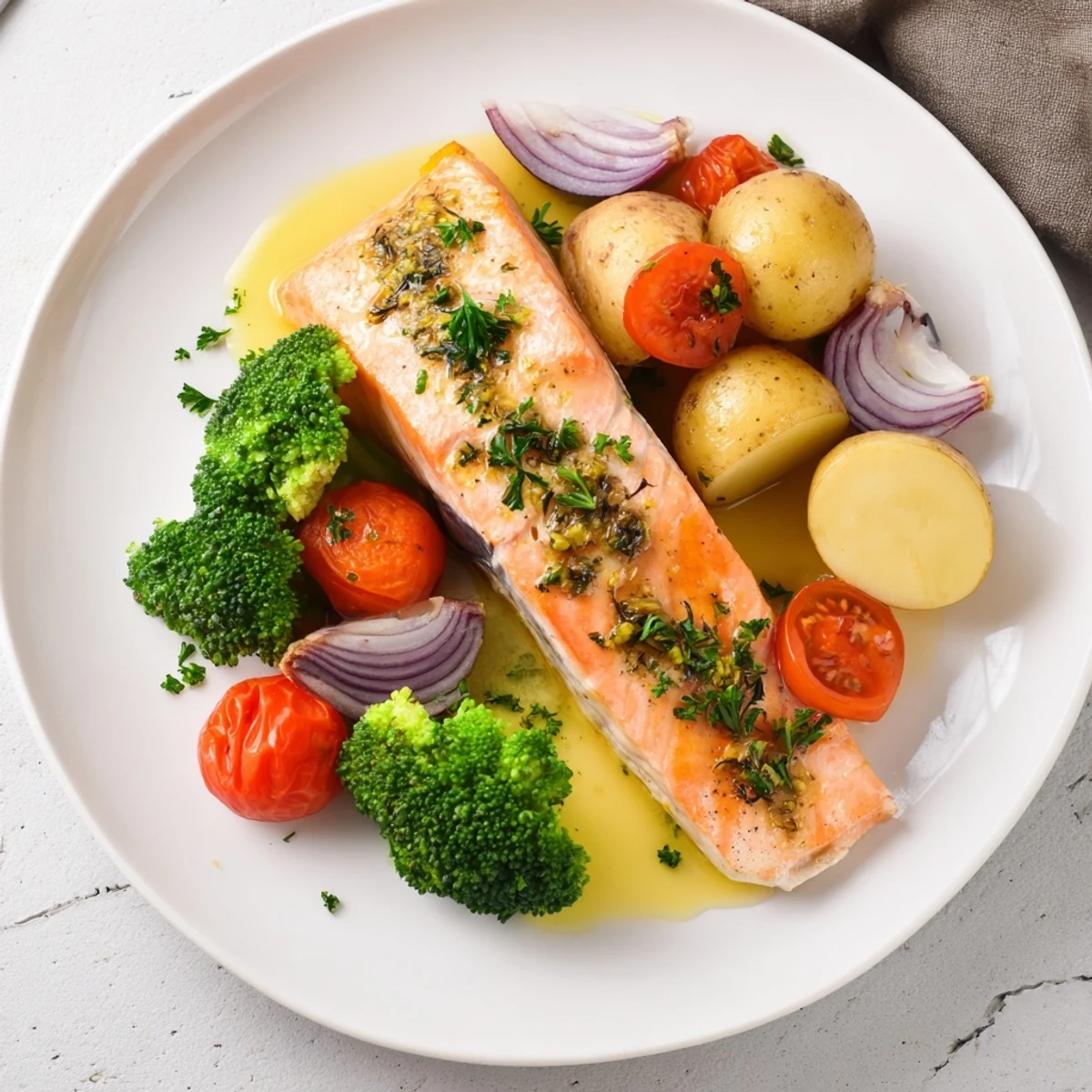 Flaky salmon fillets glistening with lemon butter, surrounded by colorful roasted vegetables for this meal.