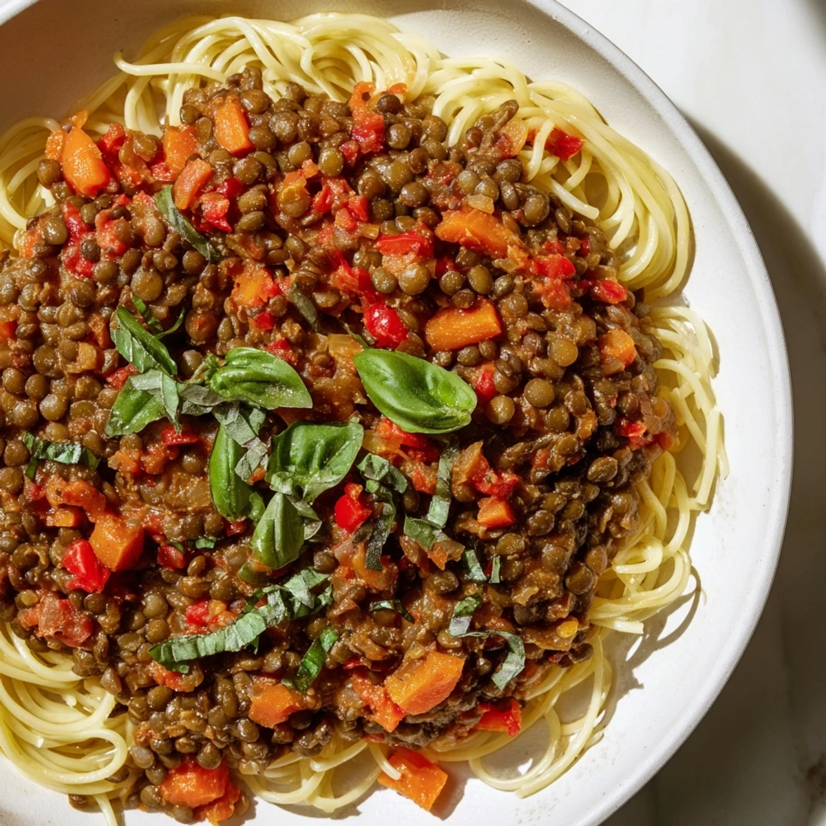 A generous portion of Hearty Lentil Bolognese, flavorful and hearty, steaming and ready with fresh basil garnish.
