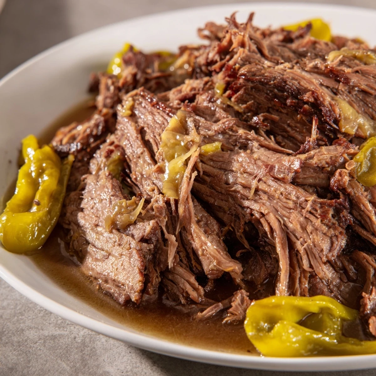 Tender Slow Cooker Mississippi Pot Roast, swimming in savory juices, ready to be shredded.