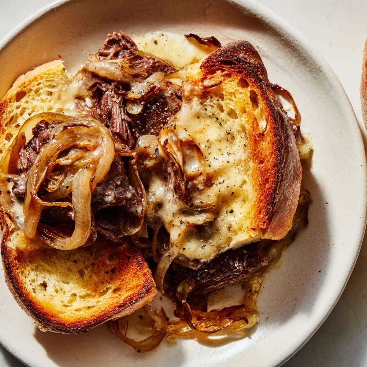 The savory aroma of French Onion Pot Roast Casserole emanates from the bubbly, golden cheese topping.