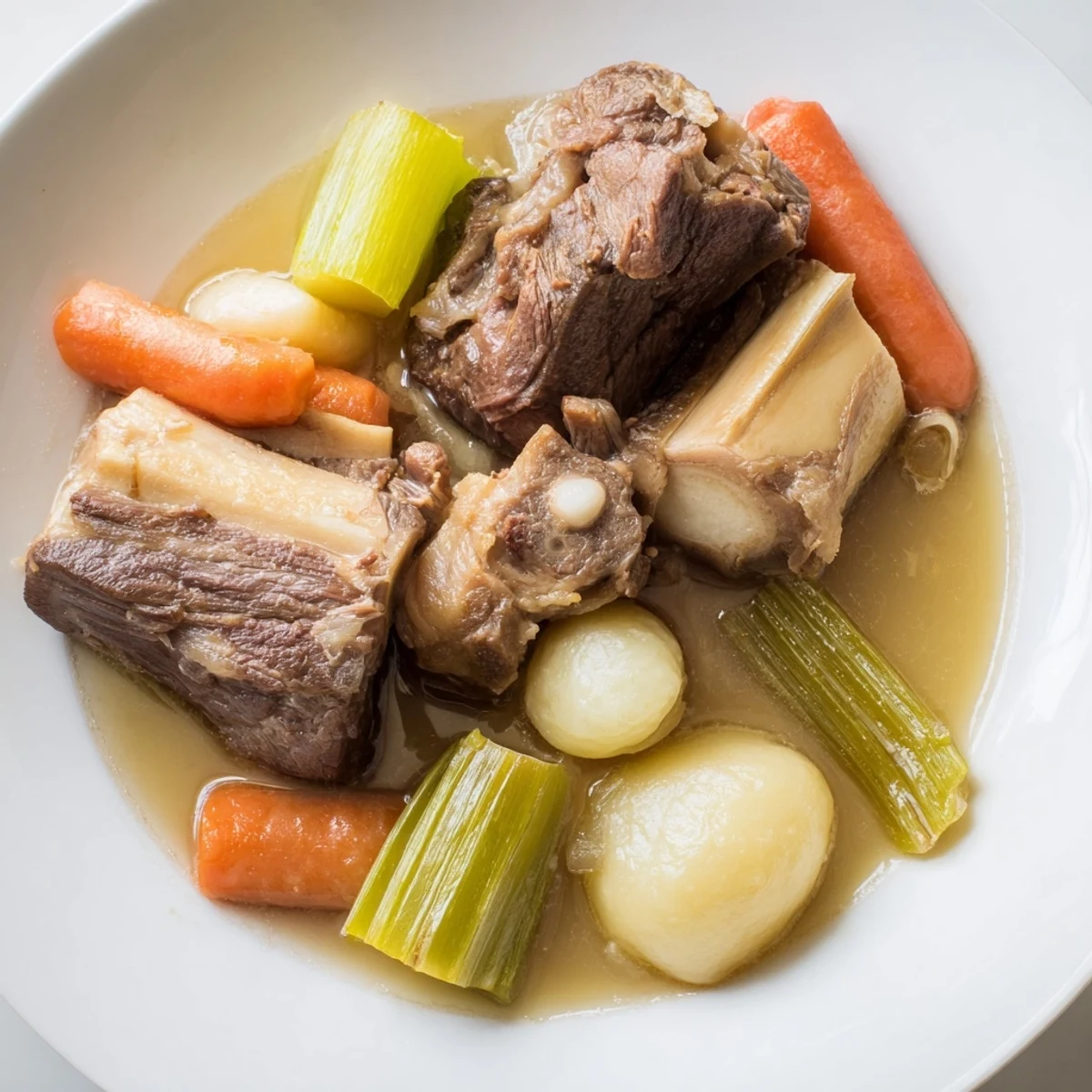 A warm bowl of Pot-au-Feu: aromatic French beef stew with a fragrant, vegetable-filled broth.