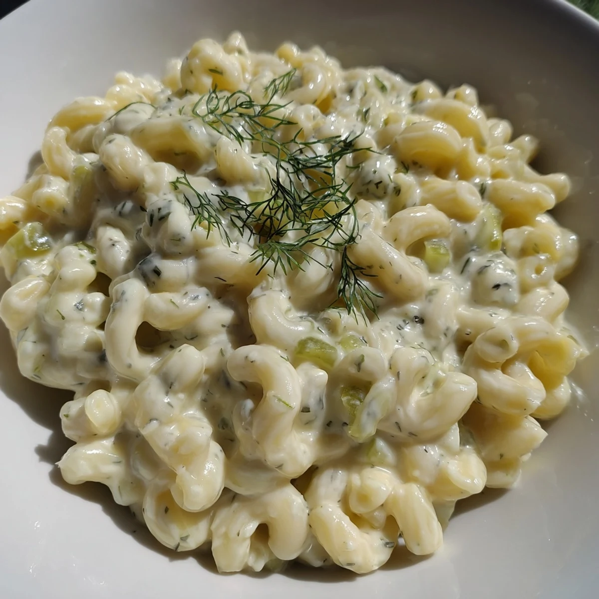 Homemade Pickle Mac and Cheese, bubbling and golden, a comfort food classic with a zesty kick.