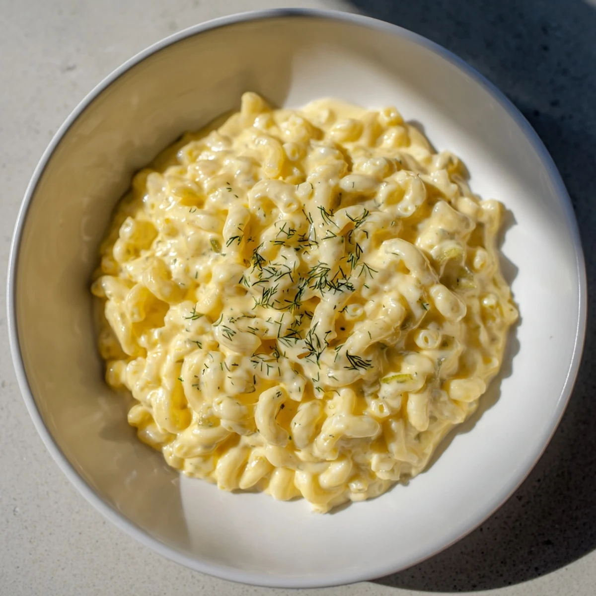 Fresh dill garnishes a plate of irresistible Pickle Mac and Cheese, showcasing the tasty dish.