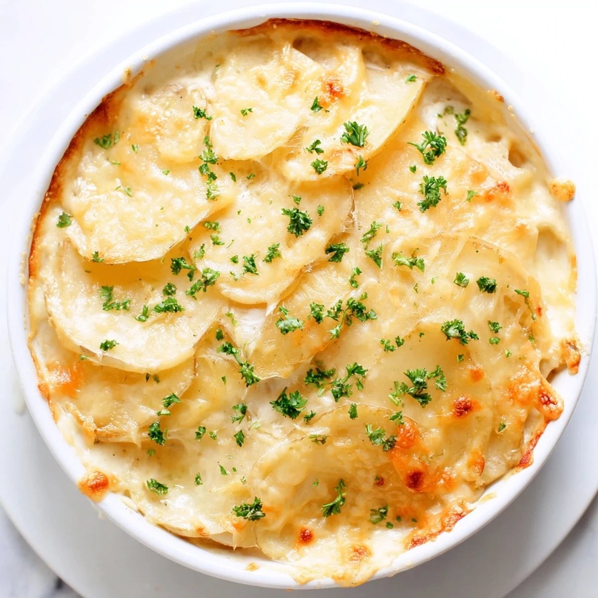 Golden bubbly Cheesy Scalloped Potatoes, a comforting side dish with melted cheese and tender potatoes.