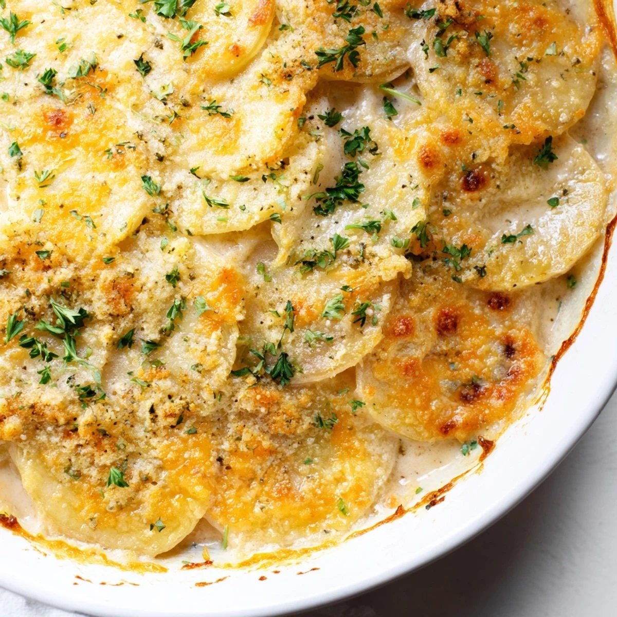 Creamy layers of Cheesy Scalloped Potatoes baked until the cheese is perfectly browned and bubbling throughout.