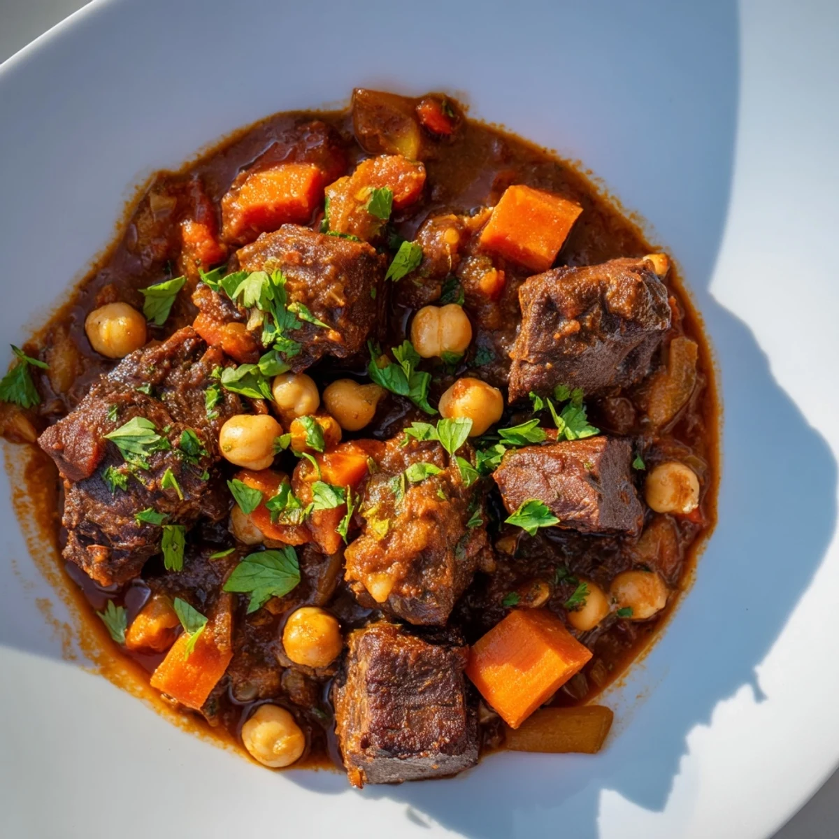 A steaming bowl of Middle Eastern Lamb Stew with chickpeas, garnished with fresh cilantro, ready to eat.