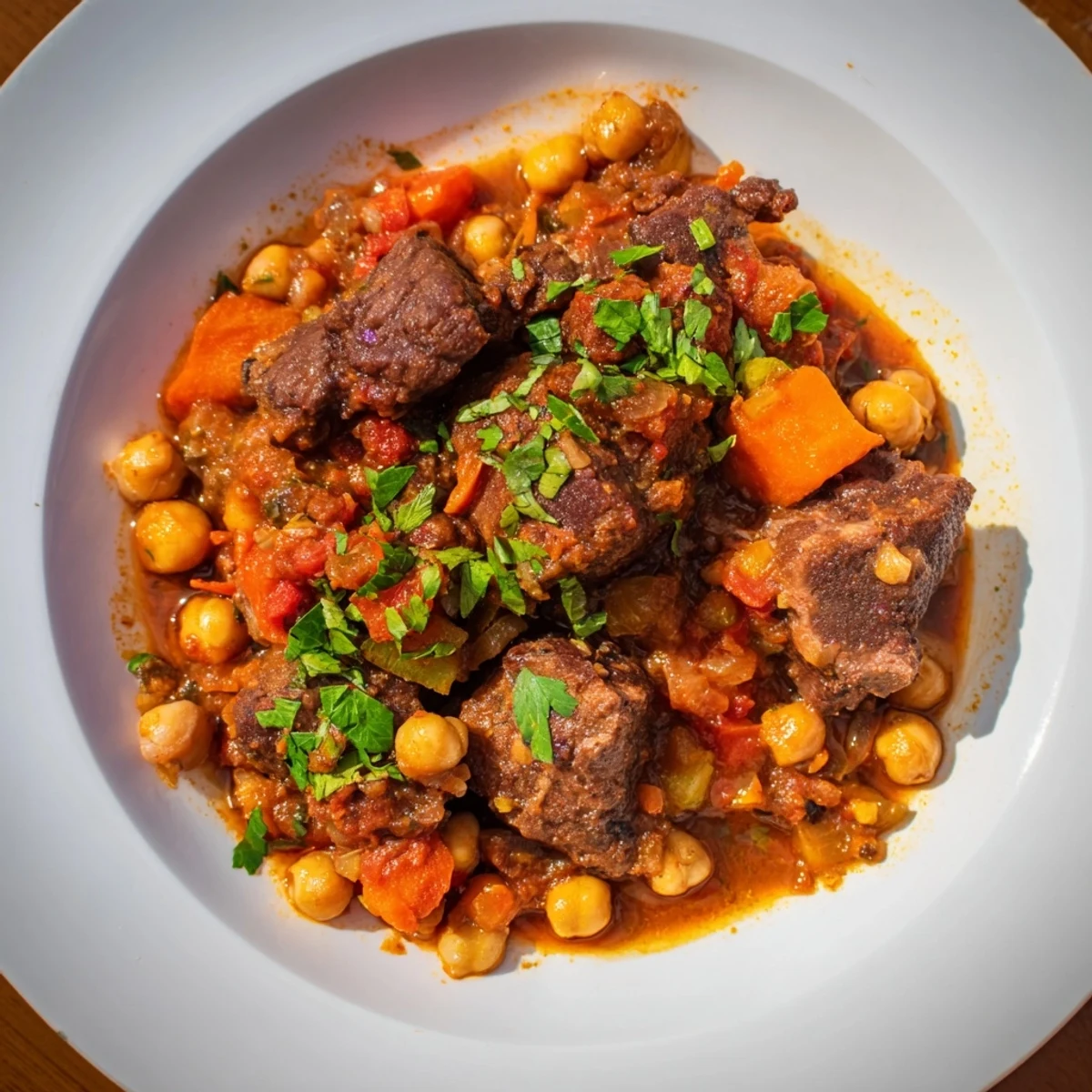 Close-up of a flavorful, bubbling Middle Eastern Lamb Stew with chickpeas, showcasing tender meat.