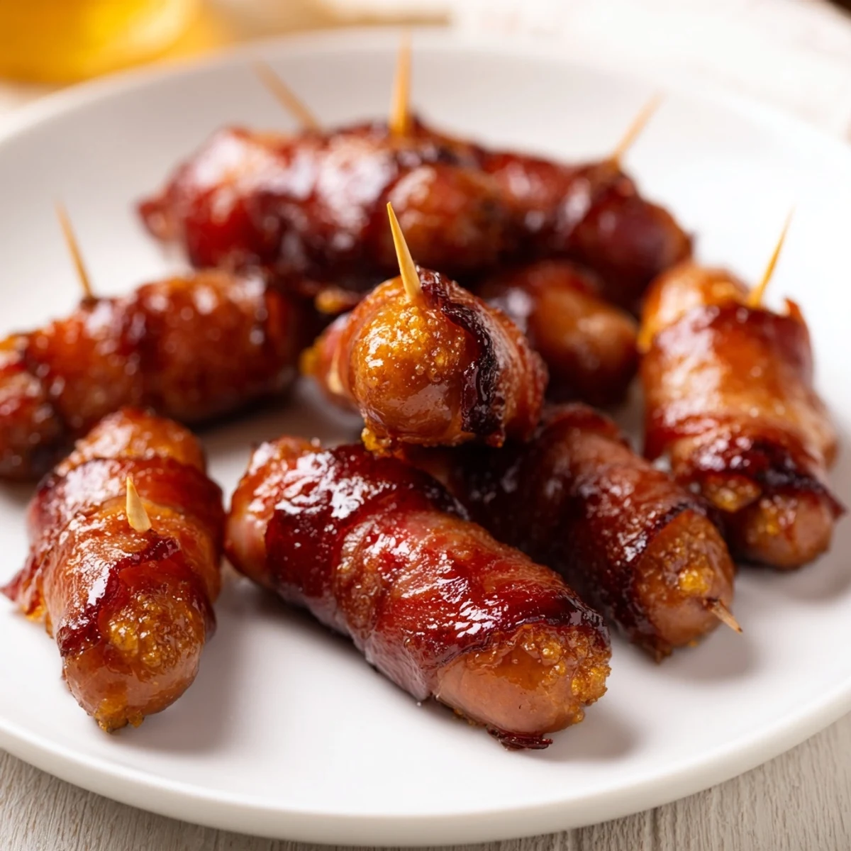 Crispy 3-Ingredient Bacon-Wrapped Smokies, glistening with caramelized brown sugar, perfect party appetizer.