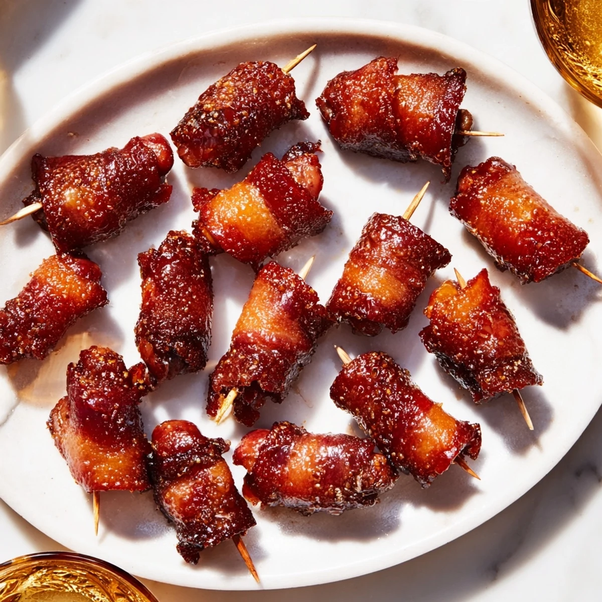Golden, glistening 3-Ingredient Bacon-Wrapped Smokies, a savory-sweet, easy appetizer idea, cooked until bacon is crisp.