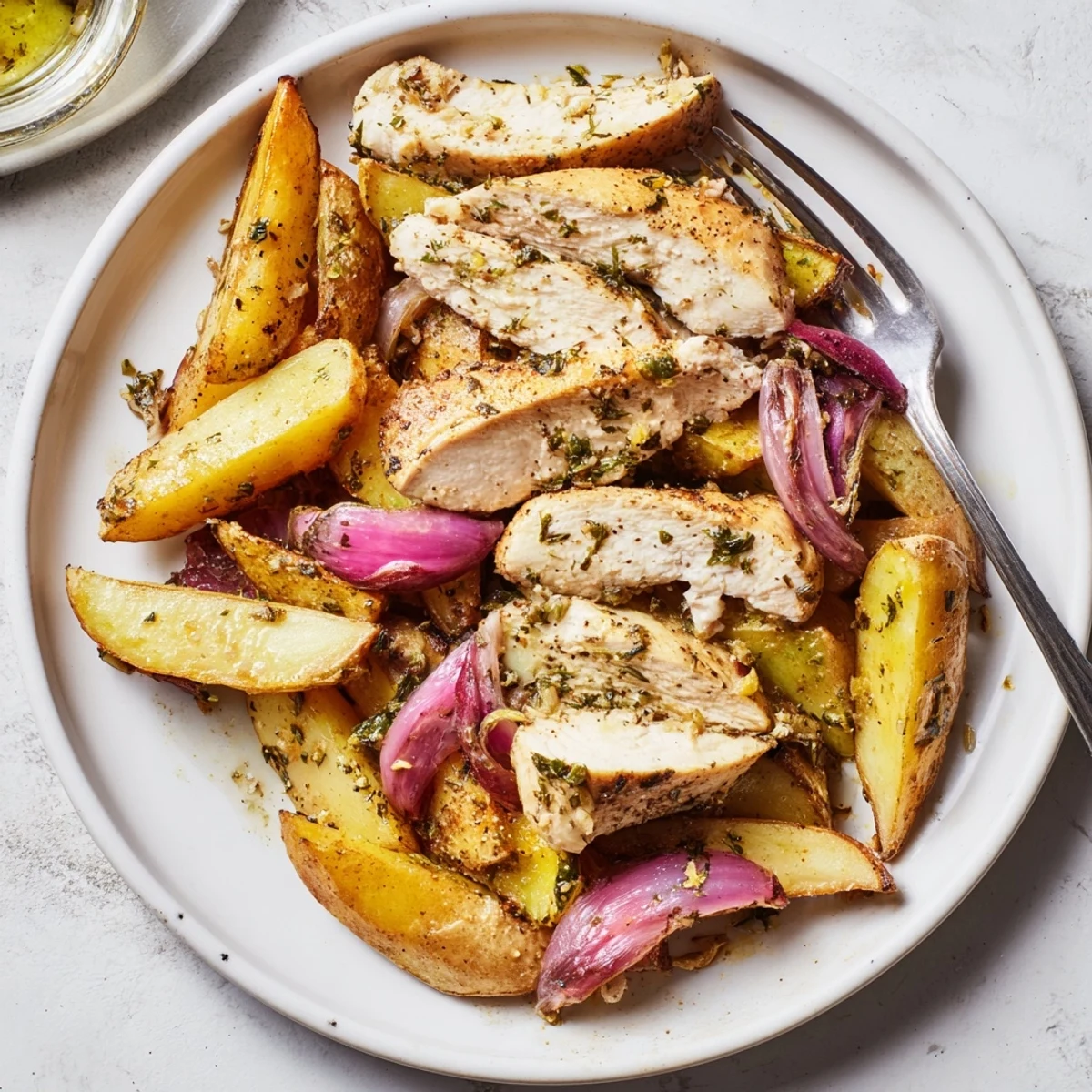 Golden, crispy Greek Lemon Chicken and Potatoes, perfectly roasted on a sheet pan for a flavorful meal.