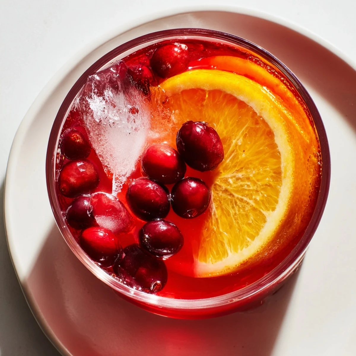 Bright red 3-Ingredient Holiday Punch in a glass, bubbly with fresh ginger ale and citrus.