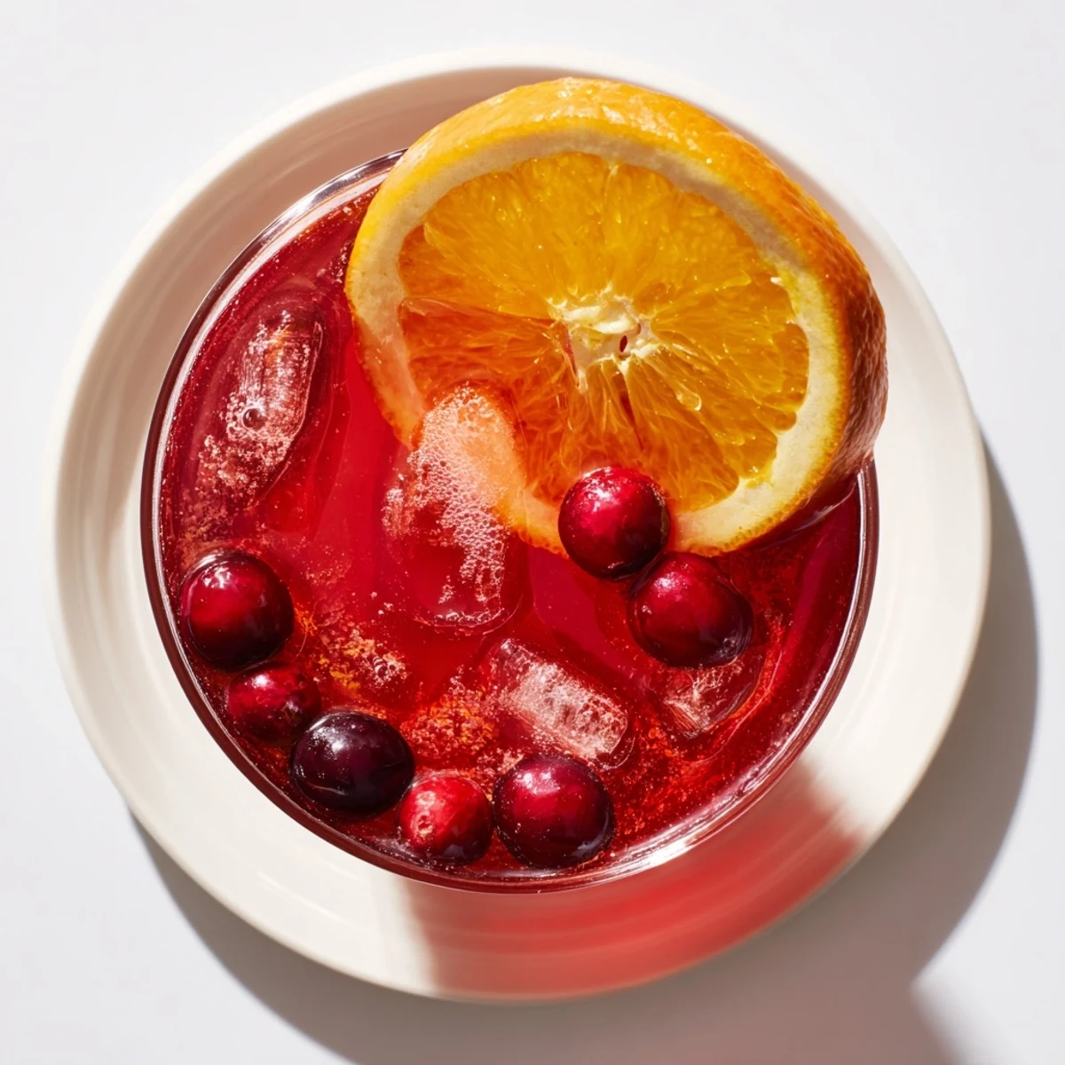 A close-up of a festive glass filled with 3-Ingredient Holiday Punch, garnished with orange slices.