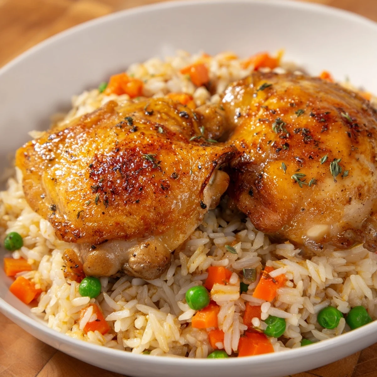 Steaming one-pot chicken and rice brimming with flavorful rice, tender chicken, and peas makes a hearty meal.
