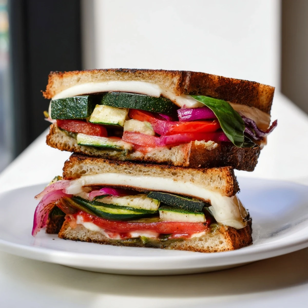Sheet-Pan Roasted Veggie Caprese Grilled Cheese with melted mozzarella and golden, crispy sourdough.