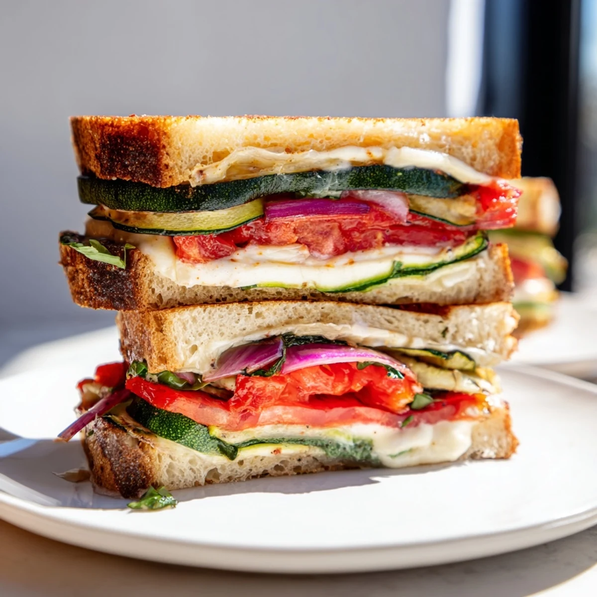 Flavorful Sheet-Pan Roasted Veggie Caprese Grilled Cheese with colorful roasted veggies and fresh basil ready.