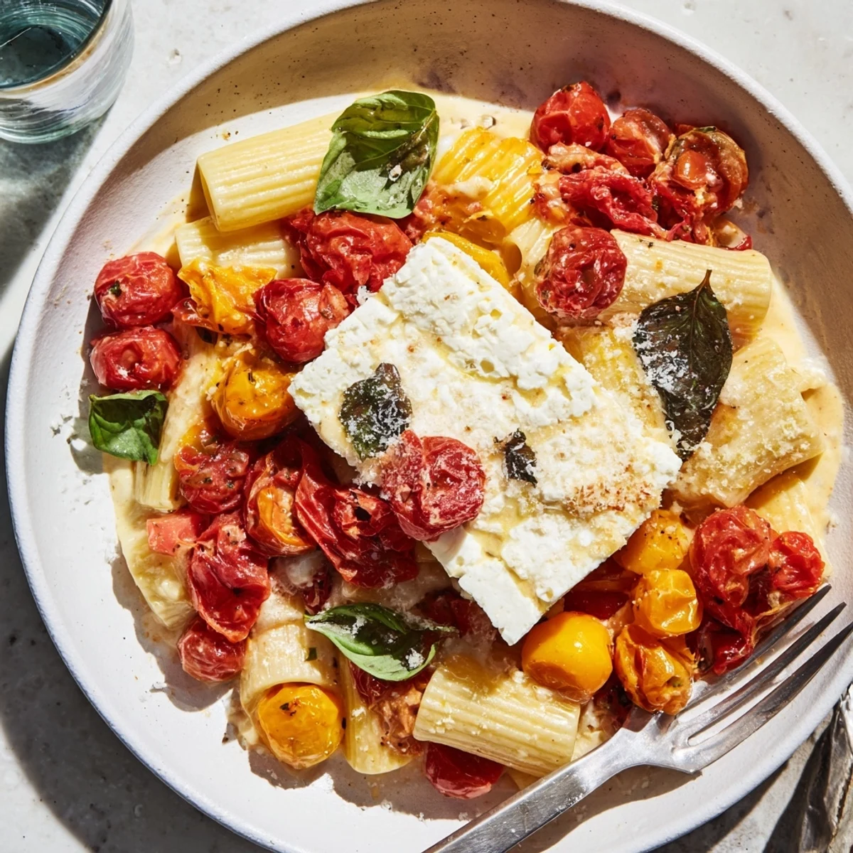 Golden-baked feta with bursting cherry tomatoes and creamy pasta, the Baked Feta Snowfall Cherry Tomato Christmas Pasta.