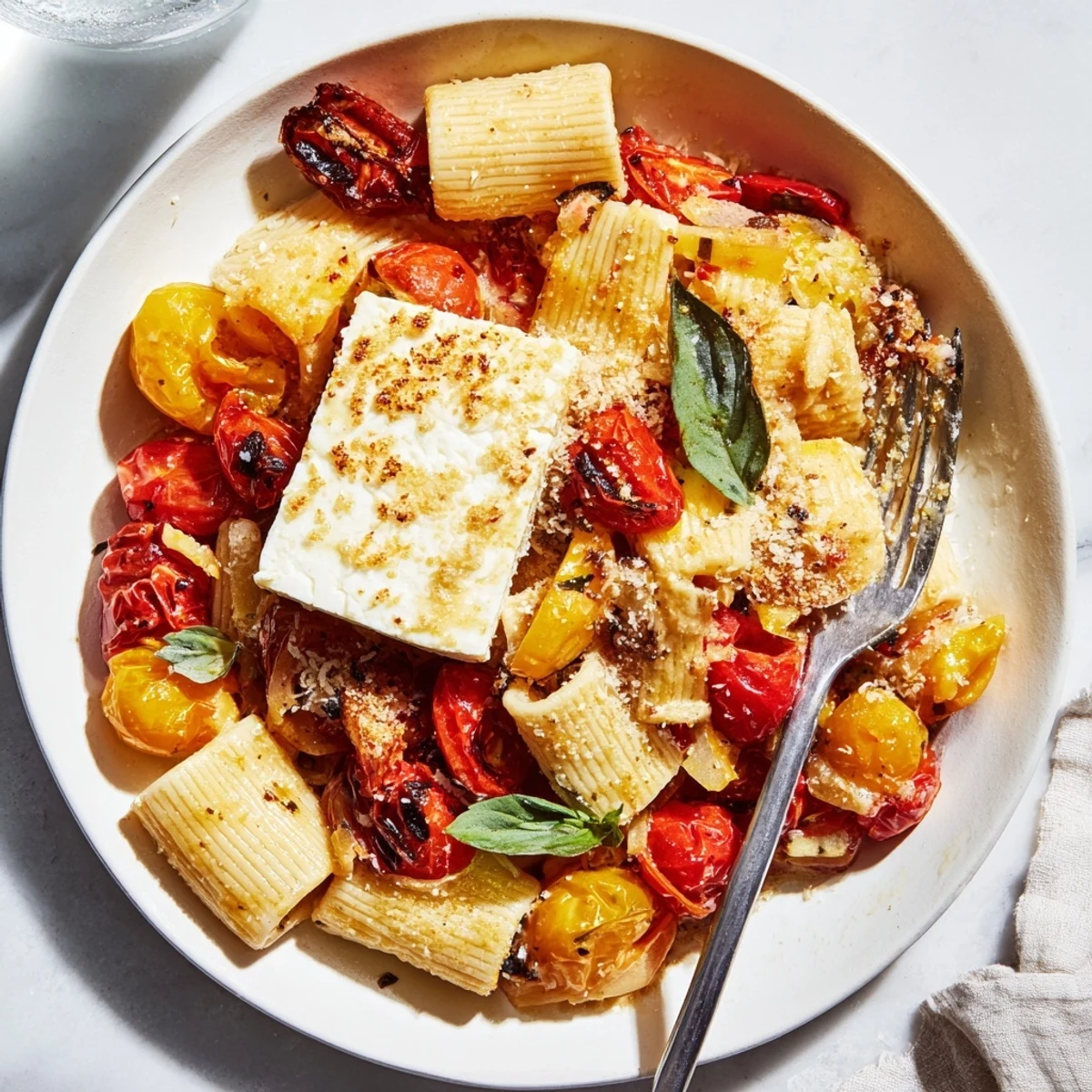 A vibrant dish of Baked Feta Snowfall Cherry Tomato Christmas Pasta, perfectly capturing holiday flavors with Parmesan snow.