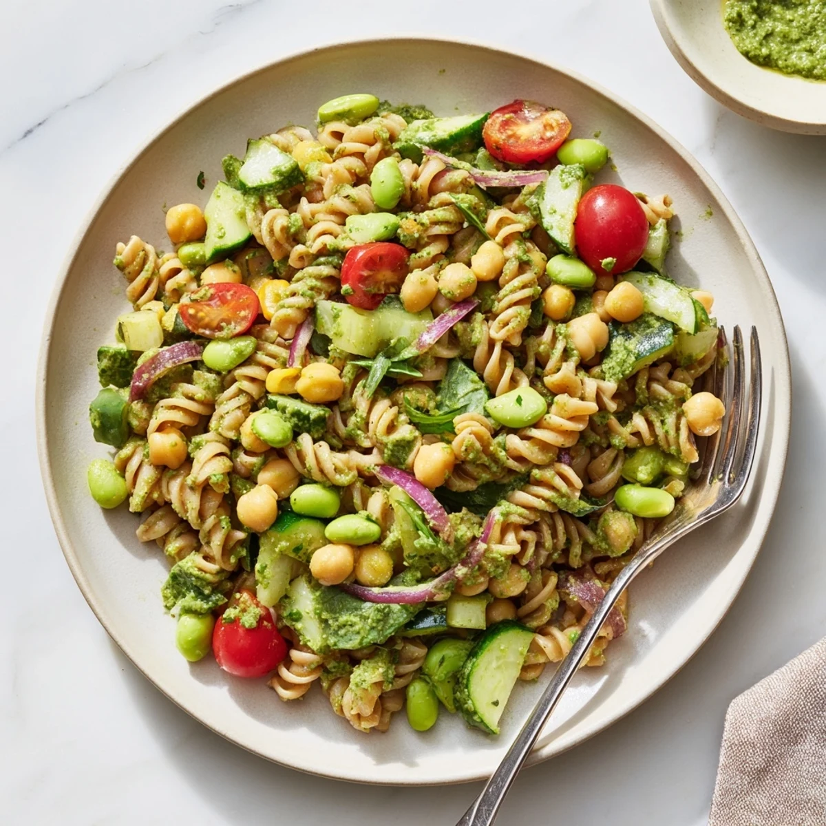 Vibrant Holiday Glow Green Goddess Protein Pasta Salad, featuring creamy dressing, and fresh herbs, ready to serve.