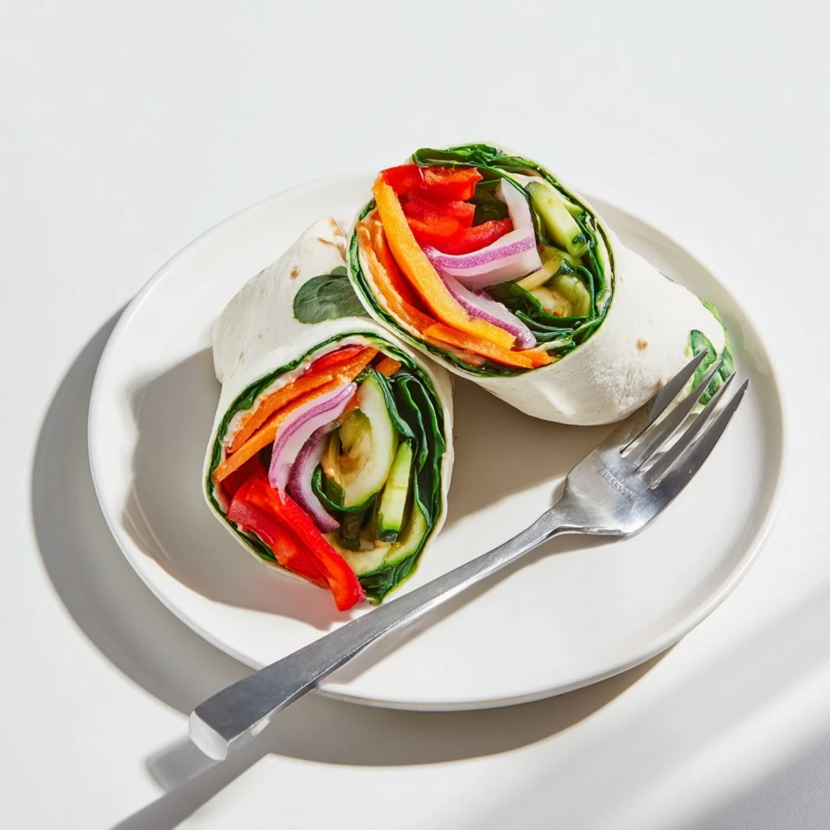 Snowflake Hummus & Roasted Veggie Wrap, featuring warm roasted vegetables ready to be folded.