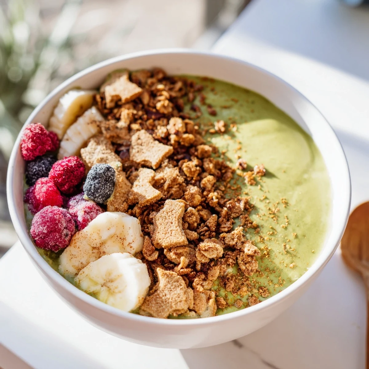 Imagine the spiced aroma of this Gingerbread Cookie Matcha Breakfast Smoothie Bowl, garnished with festive cookie crumbles.