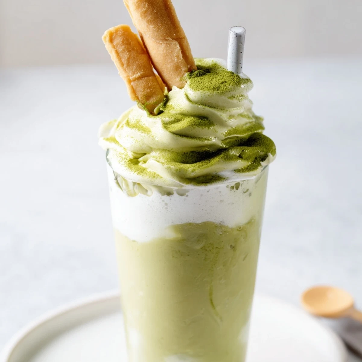 Sugar-Free White Chocolate Candy Cane Iced Matcha layered in a glass, with whipped cream and crushed candy canes.