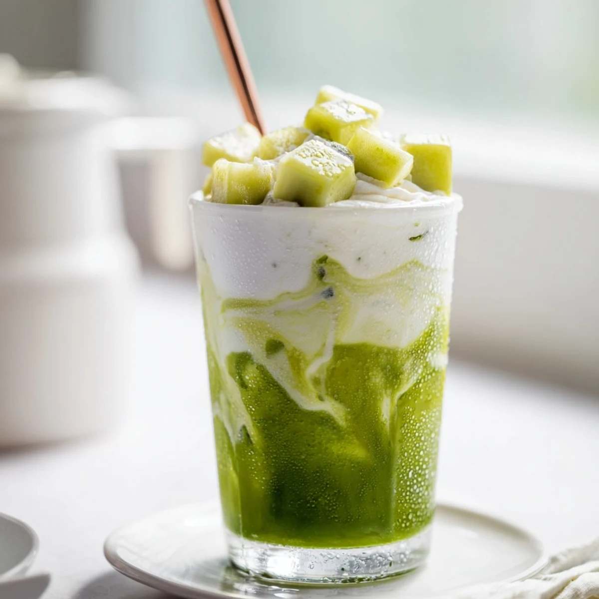 A vibrant Sugar-Free White Chocolate Candy Cane Iced Matcha, perfect for a cold and delicious treat.