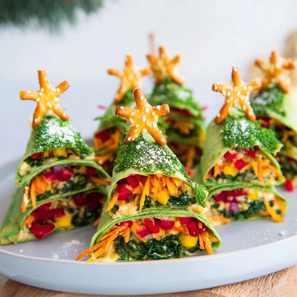 See colorful veggies and cheese inside these Air Fryer Christmas Tree Tortilla Wraps alongside pretzel "tree trunks."