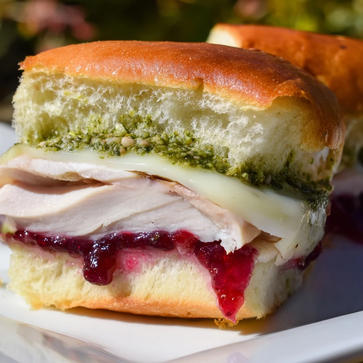 Mouthwatering close-up of a Pesto Cranberry Turkey Grilled Cheese Melt, oozing delicious melted cheese and cranberry sauce.