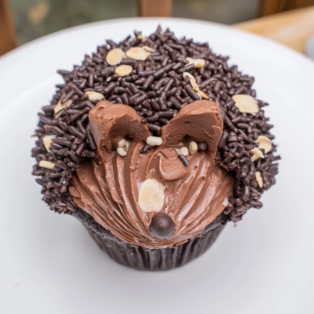 Fluffy hedgehog cupcake tower topped with chocolate sprinkles and cute mini chocolate chips.