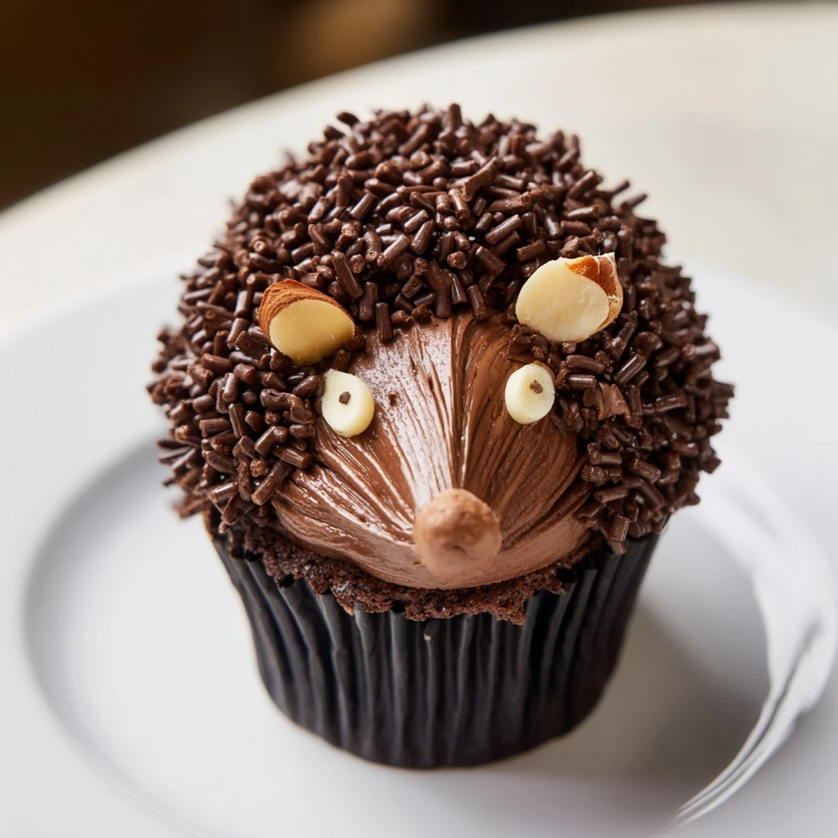 A visually stunning hedgehog cupcake tower with rich, dark chocolate frosting and flaky almond spikes.