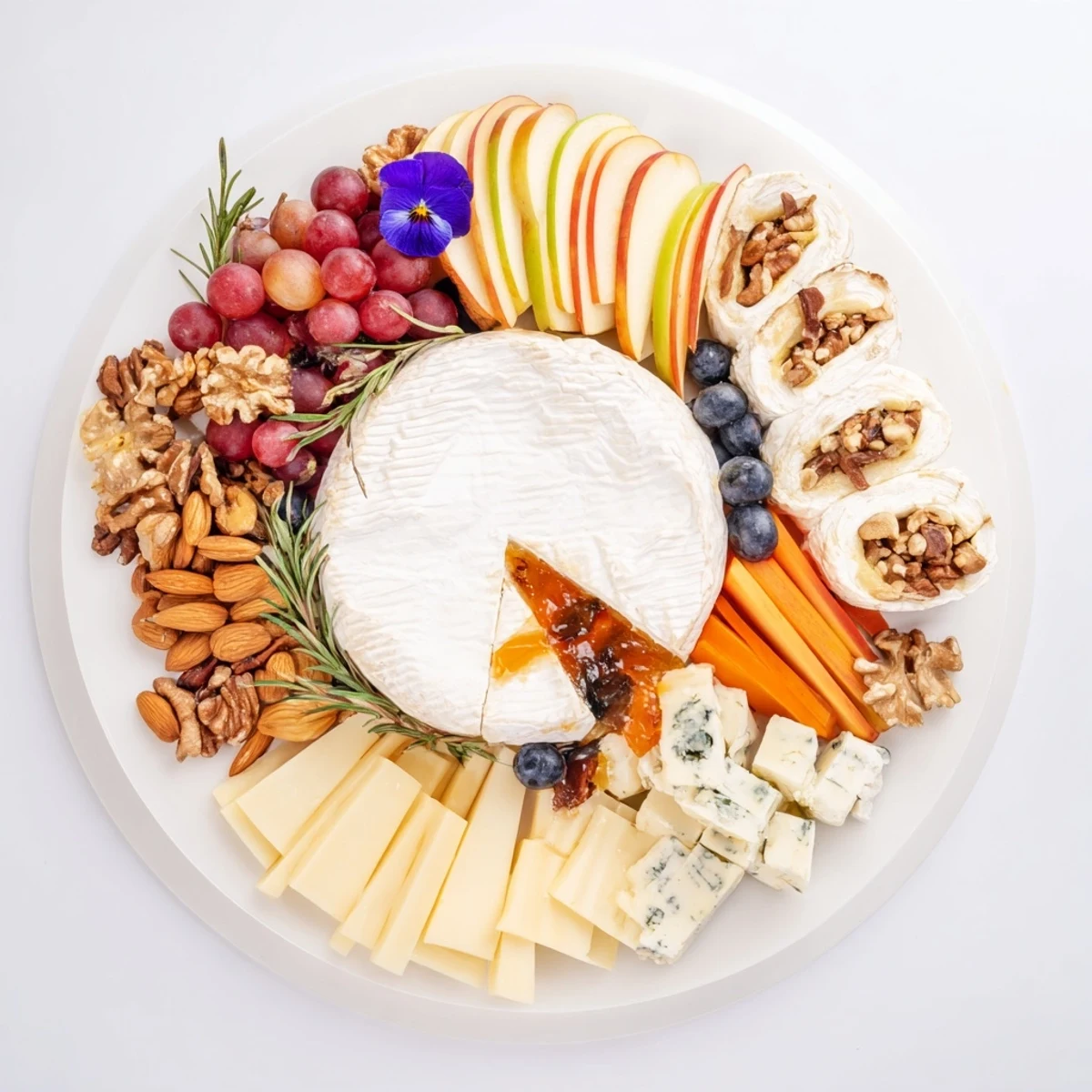 A rustic Woodland Creature Cheese Platter with brie, berries, nuts, and rosemary sprigs for a festive snack.