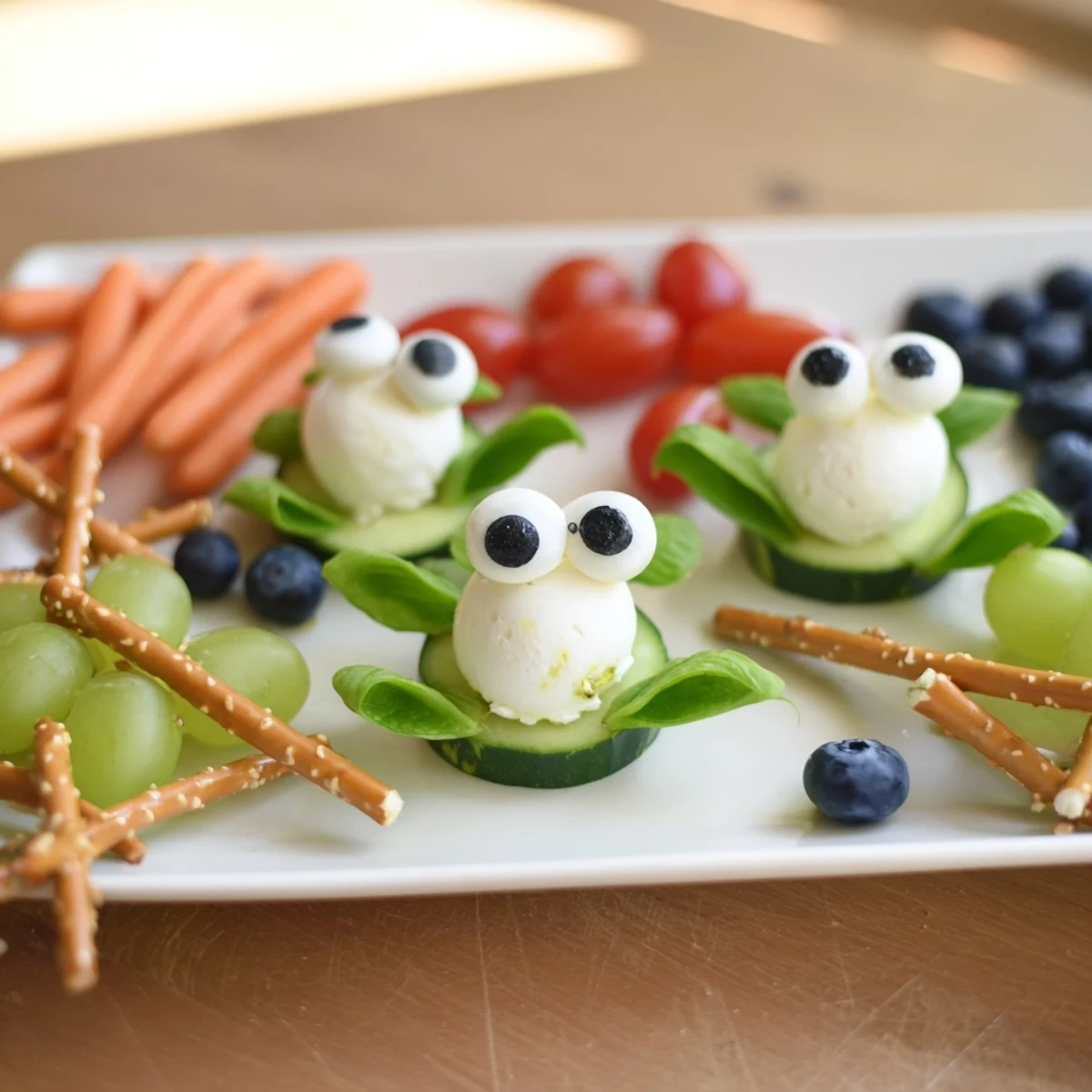 Bright Frog Pond Snack Tray showcases vibrant veggies and playful frog-shaped snacks.