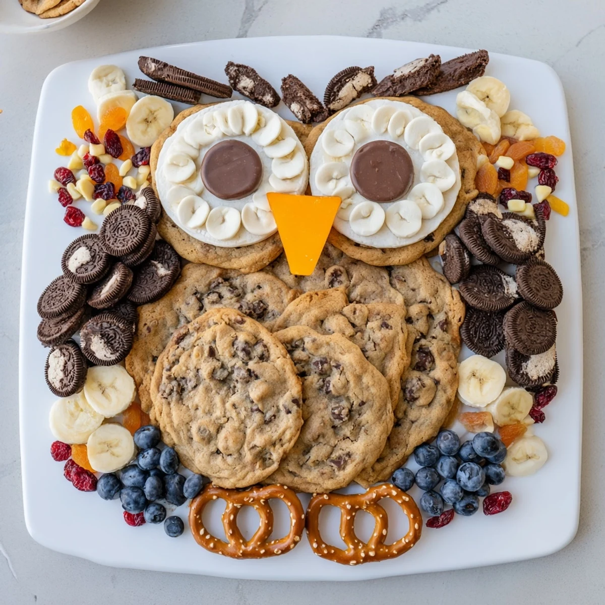A beautiful Owl Hooting Dessert Board with chocolate, cookies, and fruity accents for the perfect treat.