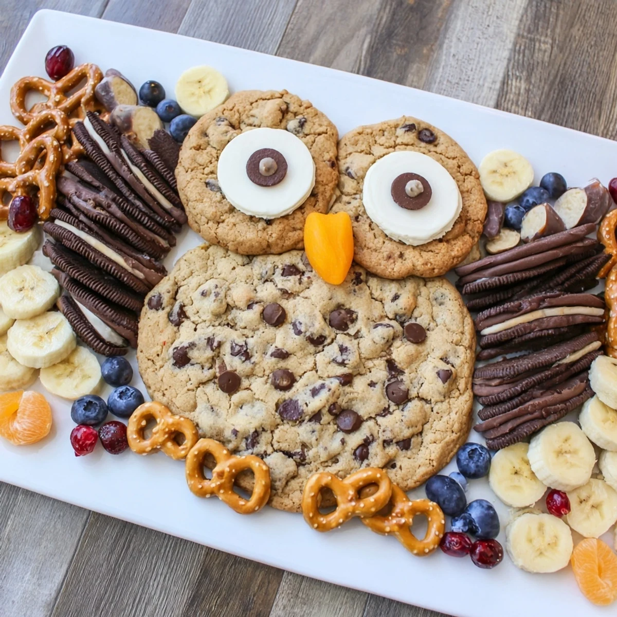 See varied textures in this Owl Hooting Dessert Board, including chocolate, pretzels, and sugared eyes.