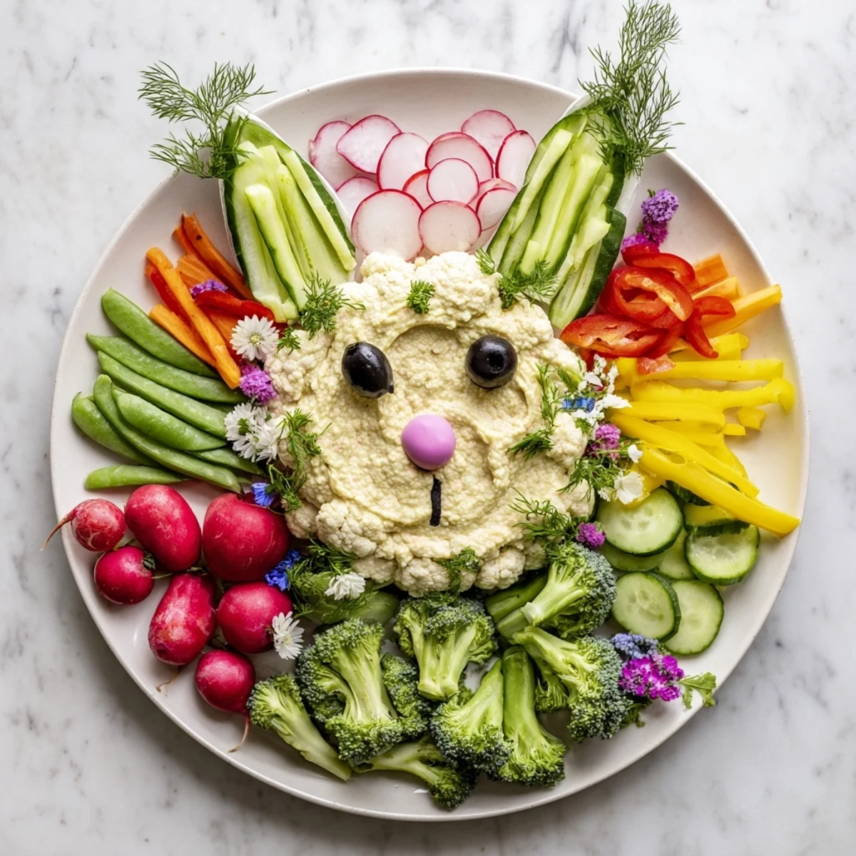 Vibrant Bunny Meadow Veggie Board with fresh carrots, tomatoes, and creamy dip for springtime snacking fun.