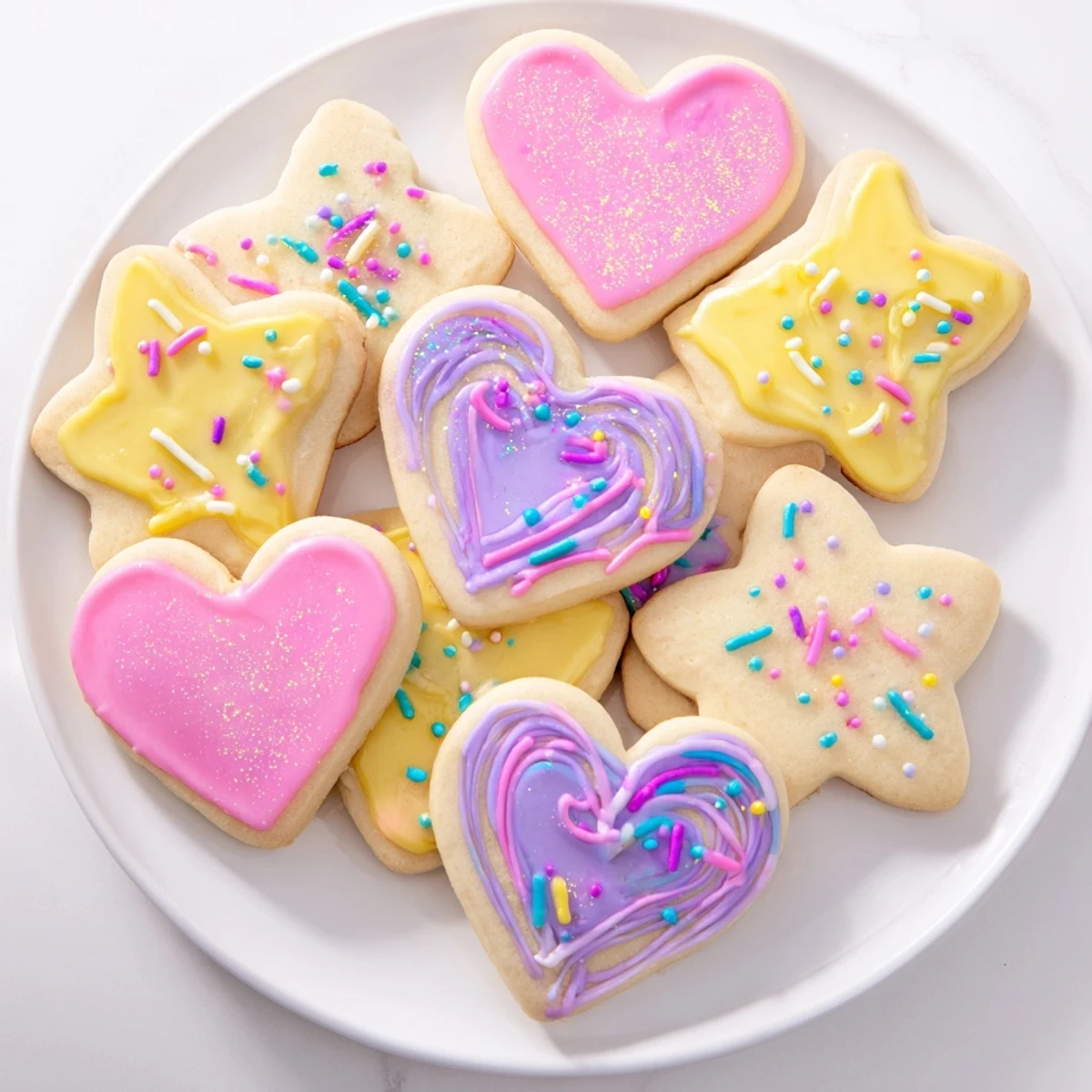 Golden, heart and star Princess Palace Treats glistening with pink and purple royal icing and sprinkles.