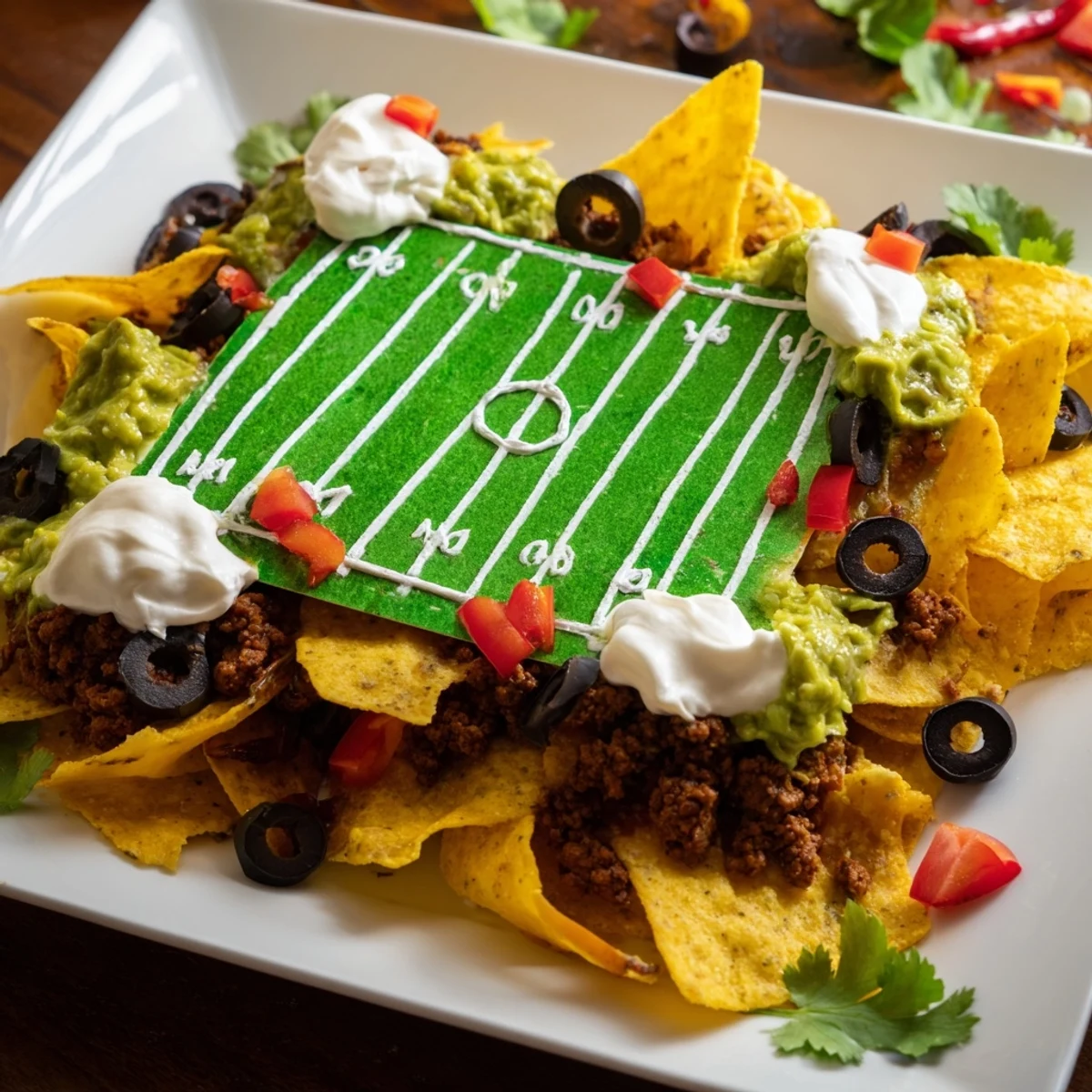 A vibrant soccer field nacho platter, featuring cheesy, beefy nachos with festive toppings for game day.