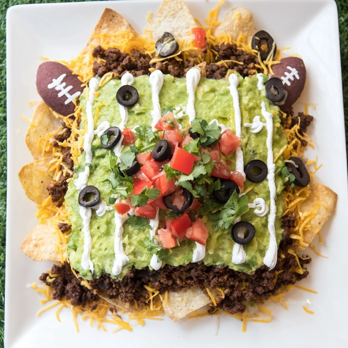 Warm and cheesy soccer field nacho platter, a Tex-Mex delight with seasoned meat and a crowd-pleasing presentation.