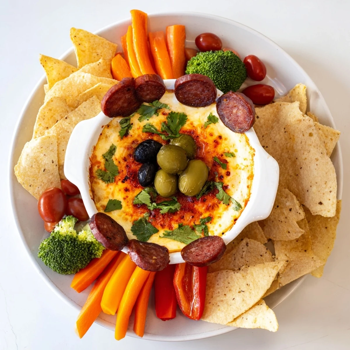 Molten Lava Flow Volcano Dip, bubbling hot, surrounded by fresh veggies and crispy chips for dipping.