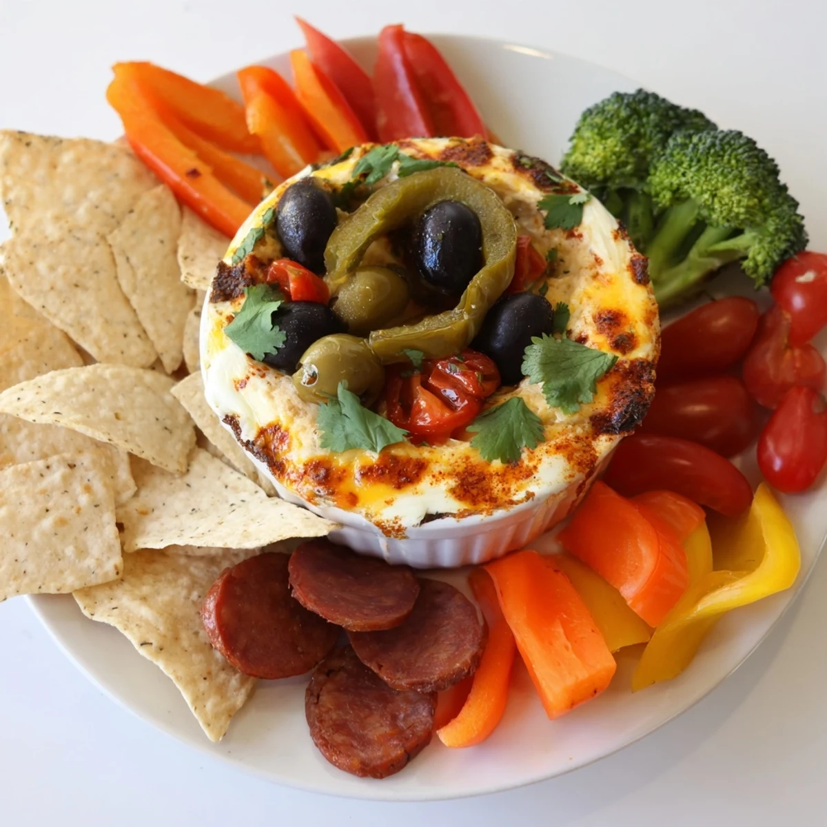 Party-ready Lava Flow Volcano Dip: a flavorful cheese volcano with colorful vegetables and seasoned sausage around it.