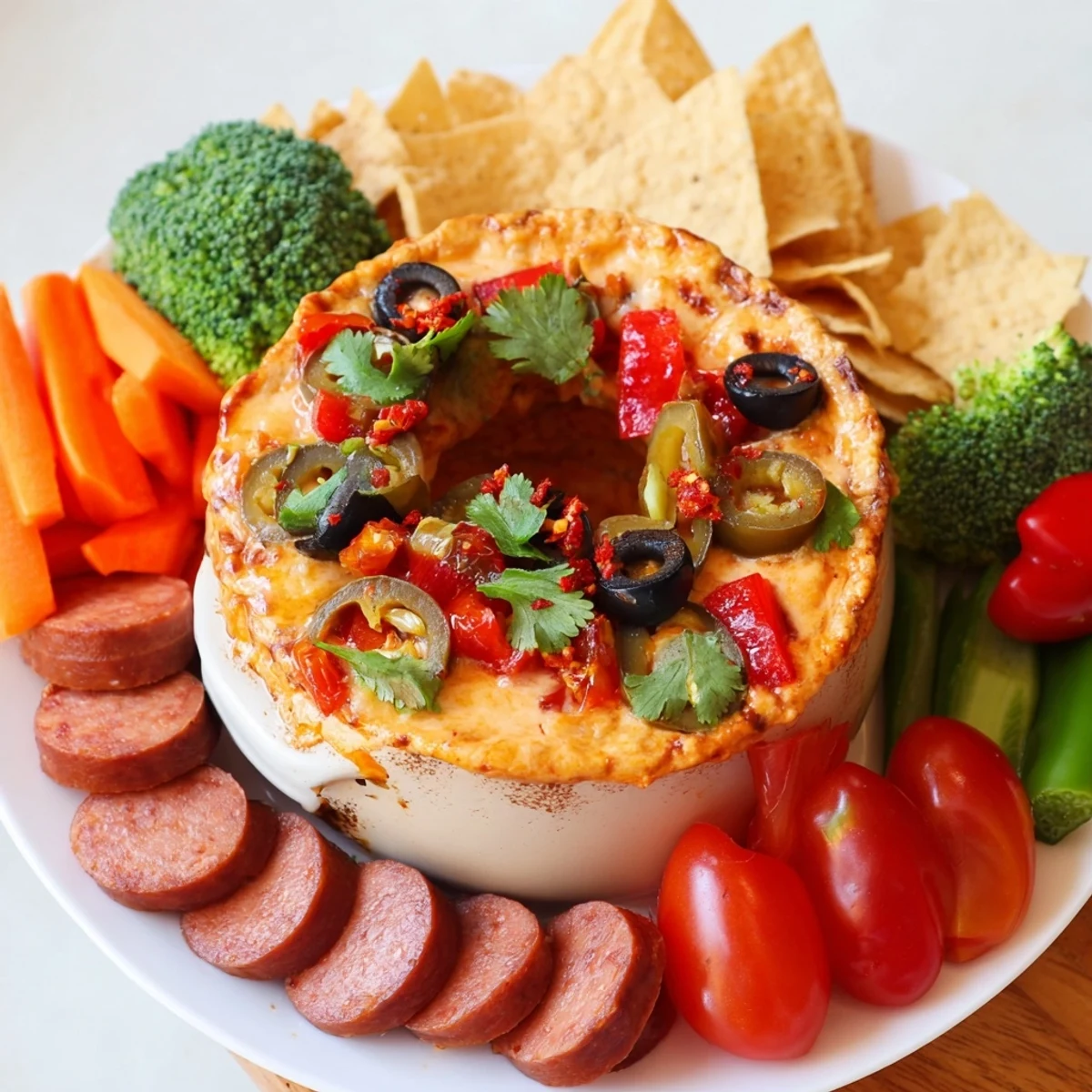 A close-up of a Lava Flow Volcano Dip, with spicy, melted cheese erupting onto a platter of dippers.