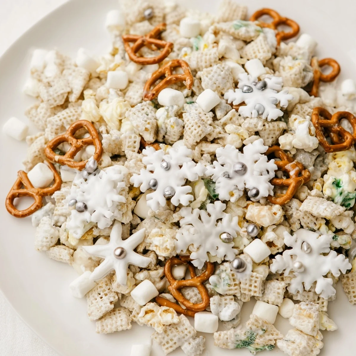 A close-up of Ski Season Snowflake Snack Mix: a sweet and salty winter treat covered in sprinkles.