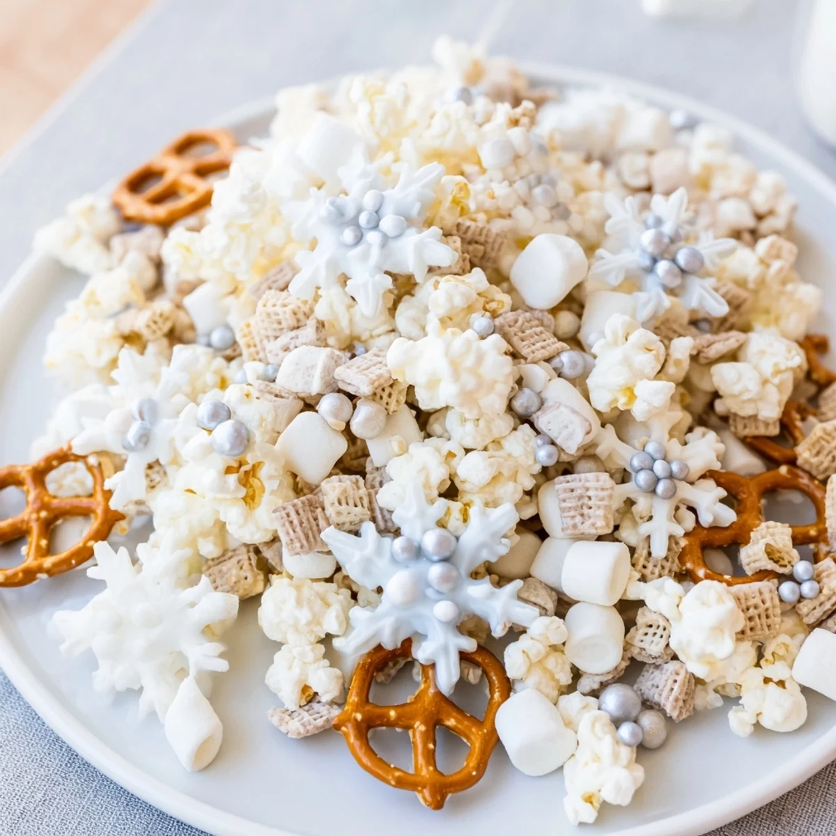 White chocolate-coated Ski Season Snowflake Snack Mix, perfect for sharing, with colorful, festive sprinkles.